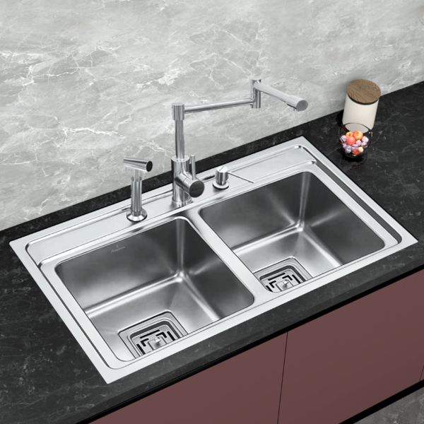 SS802PR Double Bowl Kitchen Sink 34×20 Inch | Marine-Grade AISI-316 SS | Superior Corrosion & Rust Resistance | 1.20mm Thick | Exceptional Strength & Durability | Large Dual Bowls for Efficient Washing | Premium Accessories included | Model SS802PR