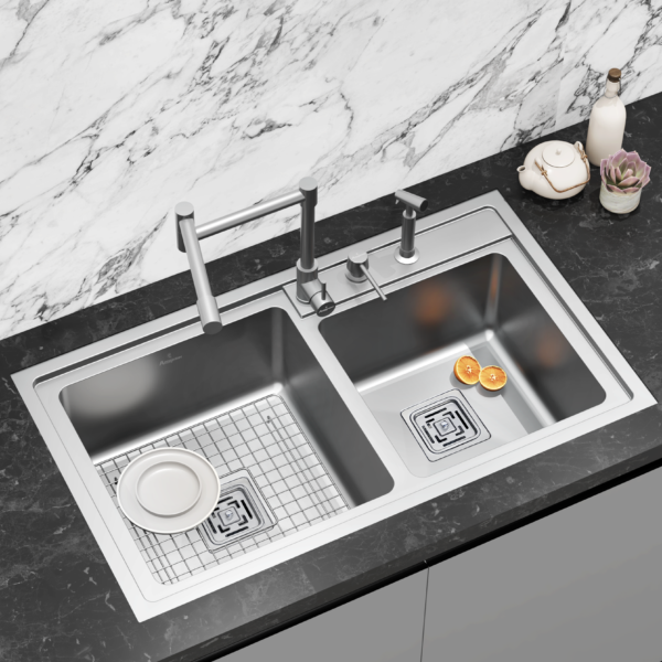 SS804DB Double Bowl Kitchen Sink 36×20 Inch | Marine-Grade AISI-316 SS | Superior Corrosion & Rust Resistance | Smart Accessories Included | 1.20mm Thick | Exceptional Strength & Durability | Dual Bowls for Efficient Multitasking | Model SS804DB