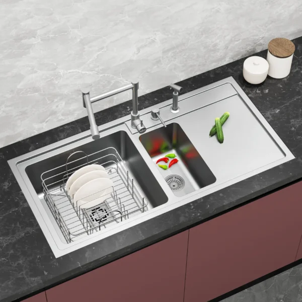 SS806MV Double Bowl Kitchen Sink with Right Side Drain Board 41×21 Inch | Marine Grade AISI-316 SS | Superior Corrosion & Rust Resistance | 1.20mm Thick | Exceptional Strength & Durability | Dual Bowls + Drying Area | with Premium Accessories | Model SS806MV