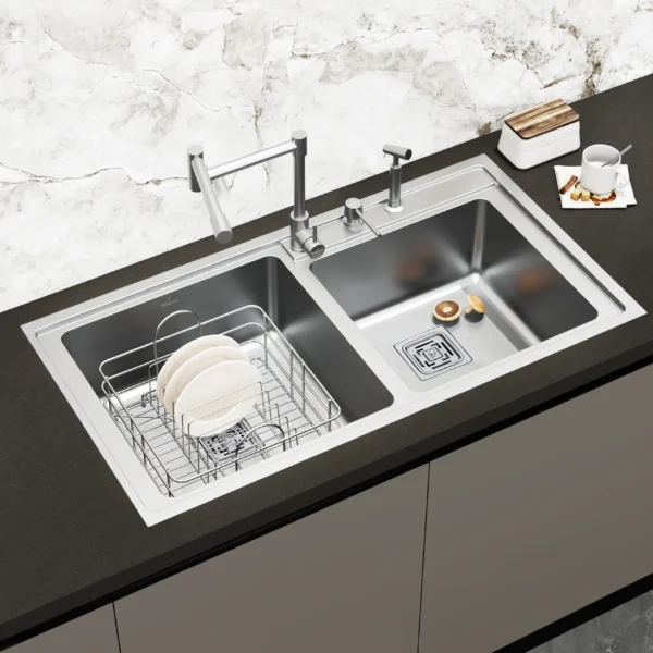 Double Bowl Kitchen Sink 41×21 Inch | Marine-Grade AISI-316 SS | Corrosion & Rust Resistance | 1.20mm Thick | Exceptional Strength & Durability | Spacious Dual Bowls with Premium Accessories | Smart Anti-Clog Drain | Model SS807AW