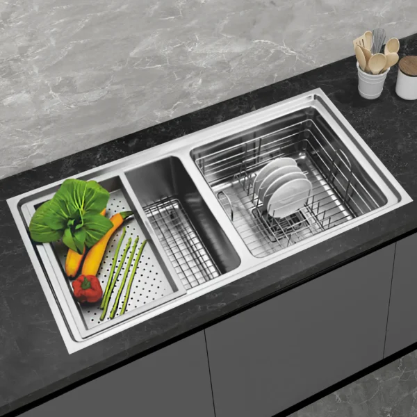 SS808HD Double Bowl Kitchen Sink 41×21 Inch | Marine-Grade AISI-316 SS with Superior Corrosion & Rust Resistance | 1.20mm Thick | Exceptional Strength & Durability | Large Dual Bowls for Heavy Duty Use | Smart Anti-Clog Drain | Model SS808HD