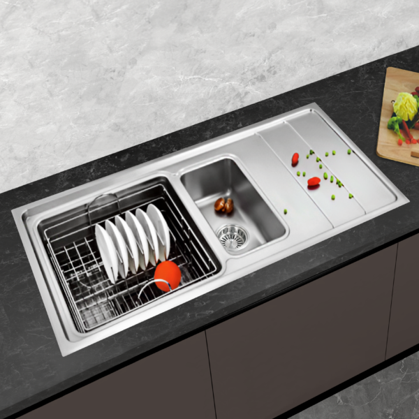 SS809ZM Double Bowl Kitchen Sink with Drain Board 41×20 Inch | Marine Grade AISI-316 SS | Superior Corrosion & Rust Resistance | 1.20mm Thick | Exceptional Strength & Durability | Dual Bowls + Drying Area | with Accessories | Model SS809ZM