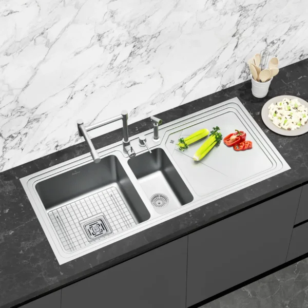 SS811LX Double Bowl Kitchen Sink with Right Side Drain Board 45×20 Inch | Marine Grade AISI-316 SS | Superior Corrosion & Rust Resistance | 1.20mm Thick | Exceptional Strength & Durability | Dual Bowls + Drying Area for Multipurpose Use with Premium Accessories | Model SS811LX