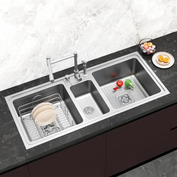 Triple Bowl Kitchen Sink 45×20 Inch – Marine Grade AISI-316 SS | Superior Corrosion & Rust Resistance | 1.20mm Thick | Exceptional Strength & Durability | Three Bowls for Washing, Rinsing & Prep + Premium Accessories | Model SS812DC