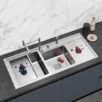 Double Bowl Kitchen Sink with Right Side Drain Board 45×20 Inch | Marine Grade AISI-316 SS | Superior Corrosion & Rust Resistance | 1.20mm Thick | Exceptional Strength & Durability | Dual Bowls + Drying Area for Multipurpose Use with Premium Accessories | Model SS813XL