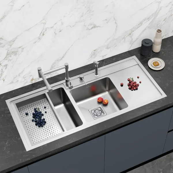 Double Bowl Kitchen Sink with Right Side Drain Board 45×20 Inch | Marine Grade AISI-316 SS | Superior Corrosion & Rust Resistance | 1.20mm Thick | Exceptional Strength & Durability | Dual Bowls + Drying Area for Multipurpose Use with Premium Accessories | Model SS813XL