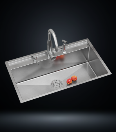 Single Bowl Stainless Steel 304 Kitchen Sink 34x20 Inch Handmade 1.5 mm Thick with Unique Step-Down Design – US1406SS (Complete Set with Premium Accessories)