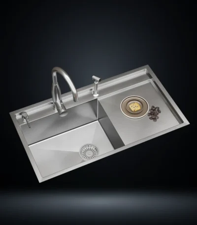 Single Bowl Stainless Steel 304 Kitchen Sink with Right Drainboard 36x20 Inch Handmade 1.5 mm Thick with Unique Step-Down Design – US1408DB (Complete Set with Premium Accessories)