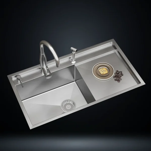 Single Bowl Stainless Steel 304 Kitchen Sink with Right Drainboard 36x20 Inch Handmade 1.5 mm Thick with Unique Step-Down Design – US1408DB (Complete Set with Premium Accessories)