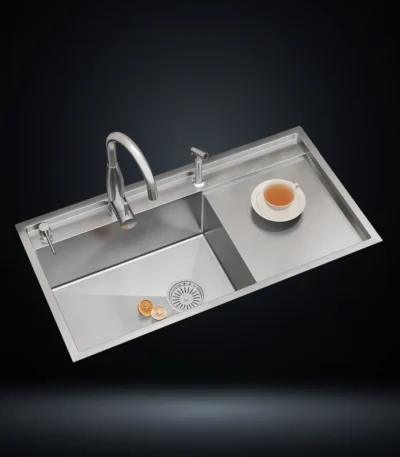 Single Bowl Stainless Steel 304 Kitchen Sink with Drainboard 39x20 Inch Handmade 1.5 mm Thick with Unique Step-Down Design – US1409DB (Complete Set with Premium Accessories)