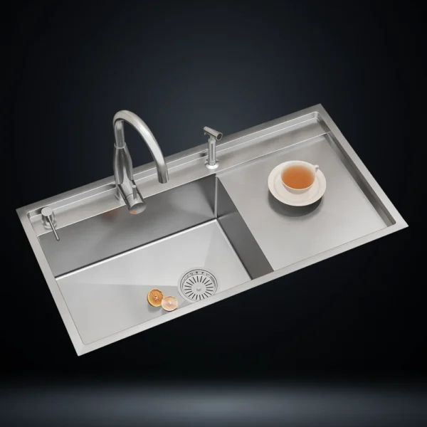Single Bowl Stainless Steel 304 Kitchen Sink with Drainboard 39x20 Inch Handmade 1.5 mm Thick with Unique Step-Down Design – US1409DB (Complete Set with Premium Accessories)