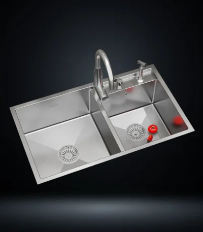 Double Bowl Stainless Steel 304 Kitchen Sink 34x20 Inch Handmade 1.5 mm Thick with Unique Step-Down Design – US1410DS (Complete Set with Premium Accessories)