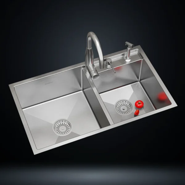 Double Bowl Stainless Steel 304 Kitchen Sink 34x20 Inch Handmade 1.5 mm Thick with Unique Step-Down Design – US1410DS (Complete Set with Premium Accessories)