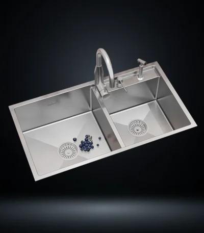 Double Bowl Stainless Steel 304 Kitchen Sink 36x20 Inch Handmade 1.5 mm Thick with Unique Step-Down Design – US1411DS (Complete Set with Premium Accessories)