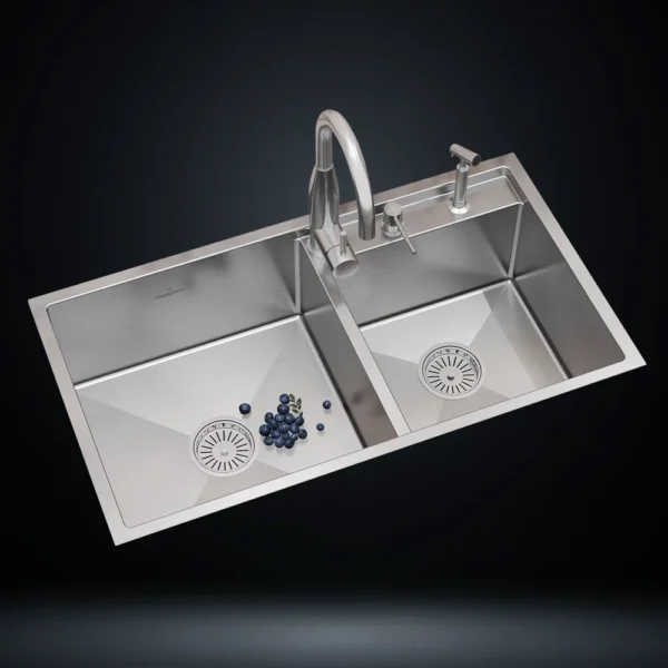 Double Bowl Stainless Steel 304 Kitchen Sink 36x20 Inch Handmade 1.5 mm Thick with Unique Step-Down Design – US1411DS (Complete Set with Premium Accessories)