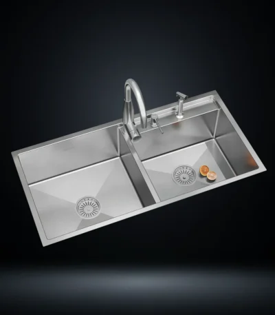 Double Bowl Stainless Steel 304 Kitchen Sink 40x20 Inch Handmade 1.5 mm Thick with Unique Step-Down Design – US1412DS (Complete Set with Premium Accessories)