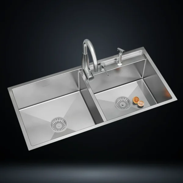 Double Bowl Stainless Steel 304 Kitchen Sink 40x20 Inch Handmade 1.5 mm Thick with Unique Step-Down Design – US1412DS (Complete Set with Premium Accessories)