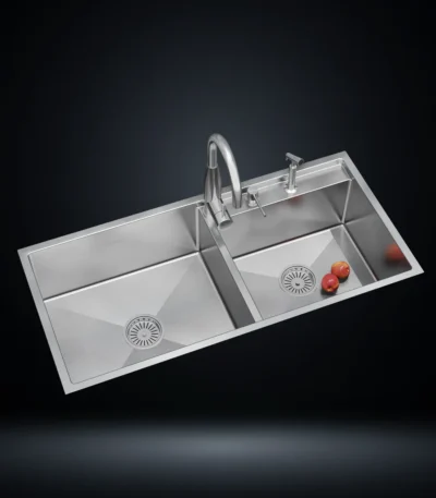 Double Bowl Stainless Steel 304 Kitchen Sink 42x20 Inch Handmade 1.5 mm Thick with Unique Step-Down Design – US1413DS (Complete Set with Premium Accessories)