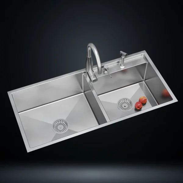 Double Bowl Stainless Steel 304 Kitchen Sink 42x20 Inch Handmade 1.5 mm Thick with Unique Step-Down Design – US1413DS (Complete Set with Premium Accessories)
