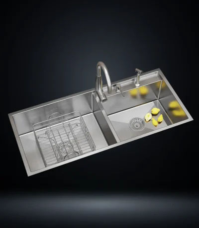 Double Bowl Stainless Steel 304 Kitchen Sink 45x20 Inch Handmade 1.5 mm Thick with Unique Step-Down Design – US1414DS (Complete Set with Premium Accessories)