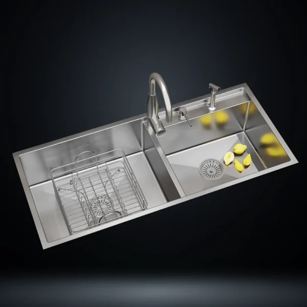 Double Bowl Stainless Steel 304 Kitchen Sink 45x20 Inch Handmade 1.5 mm Thick with Unique Step-Down Design – US1414DS (Complete Set with Premium Accessories)