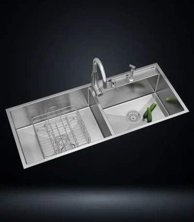 Double Bowl Stainless Steel 304 Kitchen Sink 48x20 Inch Handmade 1.5 mm Thick with Unique Step-Down Design – US1415DS (Complete Set with Premium Accessories)