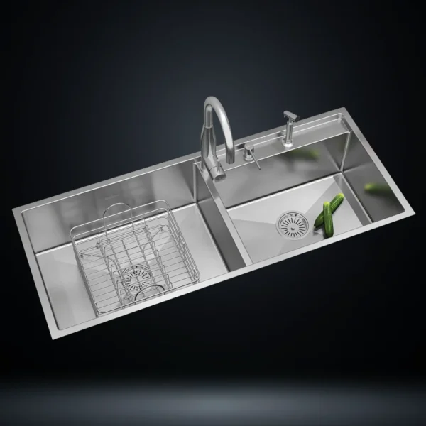 Double Bowl Stainless Steel 304 Kitchen Sink 48x20 Inch Handmade 1.5 mm Thick with Unique Step-Down Design – US1415DS (Complete Set with Premium Accessories)