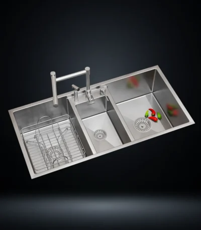 Triple Bowl Stainless Steel 304 Kitchen Sink 42x20 Inch Handmade 1.5 mm Thick Step-Down Workstation Design – US1416TS (Complete Set with Premium Accessories)
