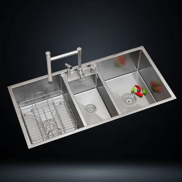 Triple Bowl Stainless Steel 304 Kitchen Sink 42x20 Inch Handmade 1.5 mm Thick Step-Down Workstation Design – US1416TS (Complete Set with Premium Accessories)