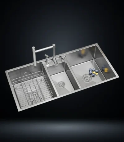 Triple Bowl Stainless Steel 304 Kitchen Sink 45x20 Inch Handmade 1.5 mm Thick Step-Down Workstation Design – US1417TS (Complete Set with Premium Accessories)