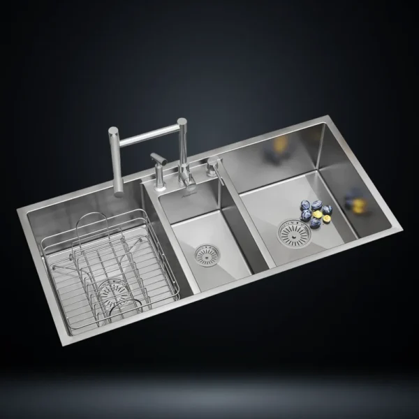 Triple Bowl Stainless Steel 304 Kitchen Sink 45x20 Inch Handmade 1.5 mm Thick Step-Down Workstation Design – US1417TS (Complete Set with Premium Accessories)