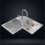 Corner Stainless Steel 304 Kitchen Sink 30x18 Inch Handmade 1.5 mm Thick Space-Saving Step-Down Design – US1418CS (Complete Set with Premium Accessories)