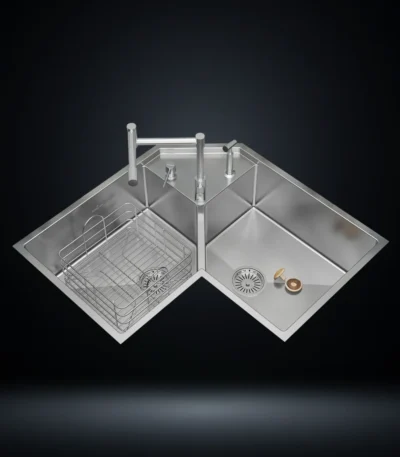 Corner Stainless Steel 304 Kitchen Sink 33x20 Inch Handmade 1.5 mm Thick Space-Saving Step-Down Design – US1419CS (Complete Set with Premium Accessories)