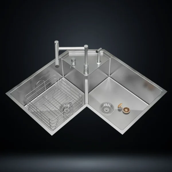 Corner Stainless Steel 304 Kitchen Sink 33x20 Inch Handmade 1.5 mm Thick Space-Saving Step-Down Design – US1419CS (Complete Set with Premium Accessories)