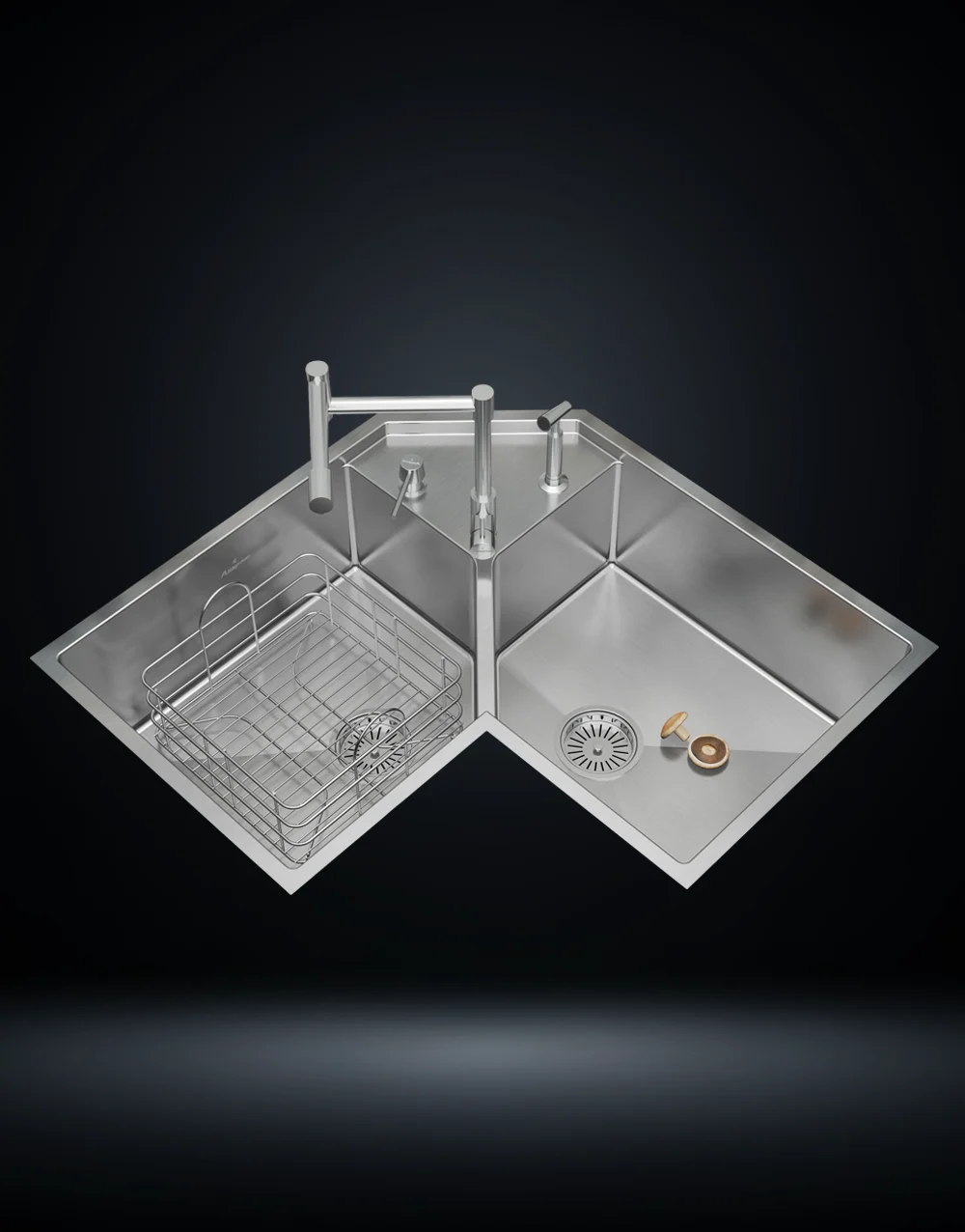 US1419CS Unique Series | 1.5mm Thick Handmade Stainless Steel Sink Corner Stainless Steel 304 Kitchen Sink 33x20 Inch Handmade 1.5 mm Thick Space-Saving Step-Down Design – US1419CS (Complete Set with Premium Accessories)