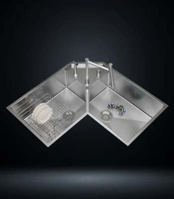 Corner Stainless Steel 304 Kitchen Sink 36x20 Inch Handmade 1.5 mm Thick Space-Saving Step-Down Design – US1420CS (Complete Set with Premium Accessories)