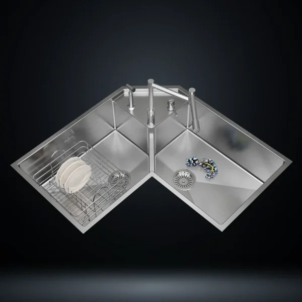 Corner Stainless Steel 304 Kitchen Sink 36x20 Inch Handmade 1.5 mm Thick Space-Saving Step-Down Design – US1420CS (Complete Set with Premium Accessories)