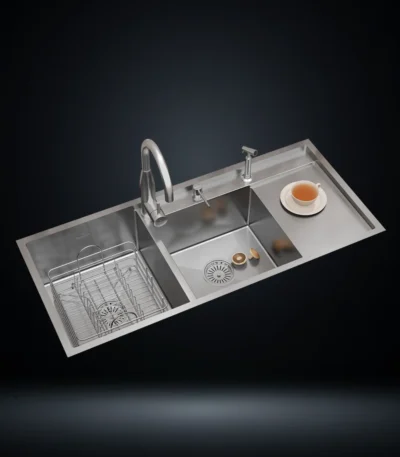 Double Bowl Stainless Steel 304 Kitchen Sink with Integrated Right Drainboard 45x20 Inch Handmade 1.5 mm Thick Step-Down Design – US1421DS (Complete Set with Premium Accessories)