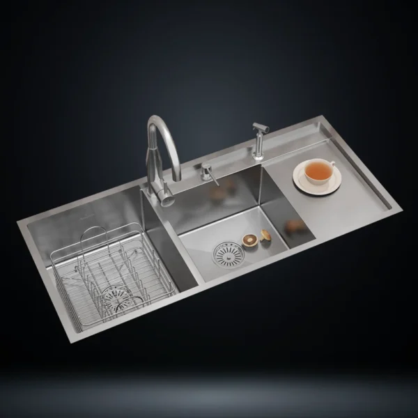 Double Bowl Stainless Steel 304 Kitchen Sink with Integrated Right Drainboard 45x20 Inch Handmade 1.5 mm Thick Step-Down Design – US1421DS (Complete Set with Premium Accessories)