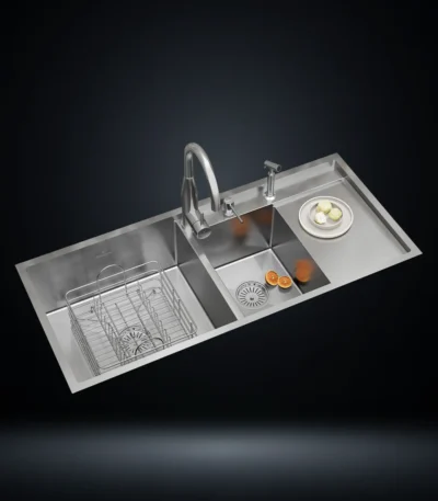 Double Bowl Stainless Steel 304 Kitchen Sink with Right Drainboard 45x20 Inch Handmade 1.5 mm Thick Step-Down Large & Small Bowl Design – US1422DB (Complete Set with Premium Accessories)