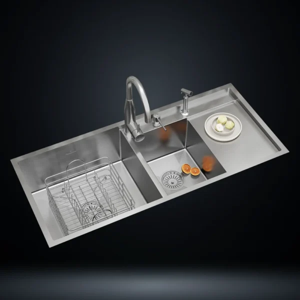 US1422DS Unique Series | 1.5mm Thick Handmade Stainless Steel Sink Double Bowl Stainless Steel 304 Kitchen Sink with Right Drainboard 45x20 Inch Handmade 1.5 mm Thick Step-Down Large & Small Bowl Design – US1422DB (Complete Set with Premium Accessories)