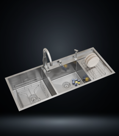 Double Bowl Stainless Steel 304 Kitchen Sink with Integrated Right Drainboard 48x20 Inch Handmade 1.5 mm Thick Step-Down Design – US1423DS (Complete Set with Premium Accessories)