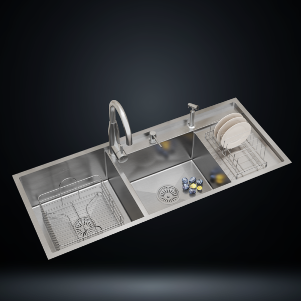 Double Bowl Stainless Steel 304 Kitchen Sink with Integrated Right Drainboard 48x20 Inch Handmade 1.5 mm Thick Step-Down Design – US1423DS (Complete Set with Premium Accessories)