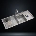 Double Bowl Stainless Steel 304 Kitchen Sink with Right Drainboard 48x20 Inch Handmade 1.5 mm Thick Step-Down Large & Small Bowl Design – US1424DB (Complete Set with Premium Accessories)