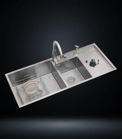 Double Bowl Stainless Steel 304 Kitchen Sink with Right Drainboard 48x20 Inch Handmade 1.5 mm Thick Step-Down Large & Small Bowl Design – US1424DB (Complete Set with Premium Accessories)