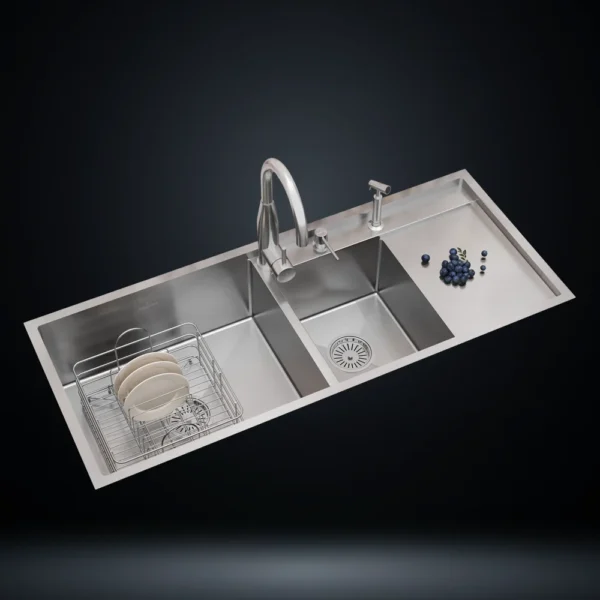 US1424DS Unique Series | 1.5mm Thick Handmade Stainless Steel Sink Double Bowl Stainless Steel 304 Kitchen Sink with Right Drainboard 48x20 Inch Handmade 1.5 mm Thick Step-Down Large & Small Bowl Design – US1424DB (Complete Set with Premium Accessories)