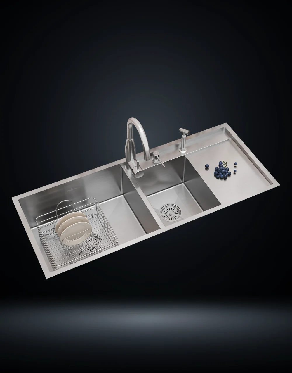 US1424DS Unique Series | 1.5mm Thick Handmade Stainless Steel Sink Double Bowl Stainless Steel 304 Kitchen Sink with Right Drainboard 48x20 Inch Handmade 1.5 mm Thick Step-Down Large & Small Bowl Design – US1424DB (Complete Set with Premium Accessories)