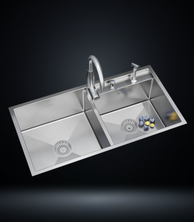 Double Bowl Stainless Steel 304 Kitchen Sink 38x20 Inch Handmade 1.5 mm Thick with Unique Step-Down Design – US14A11DS (Complete Set with Premium Accessories)