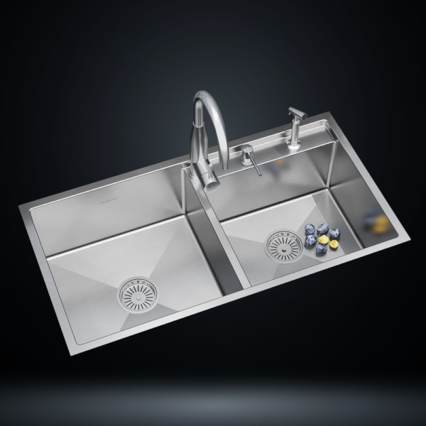 Double Bowl Stainless Steel 304 Kitchen Sink 38x20 Inch Handmade 1.5 mm Thick with Unique Step-Down Design – US14A11DS (Complete Set with Premium Accessories)