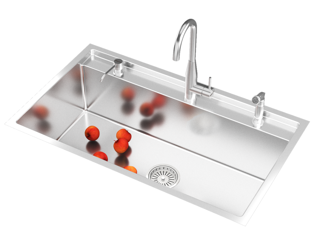 a stainless steel sink with apples in it